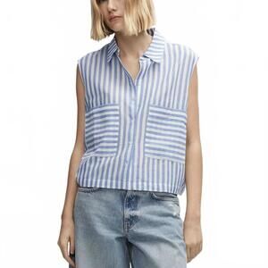 Mango Oversized Sleeveless Blue White Striped Collar Shirt Nautical NWT Sz 0/XXS